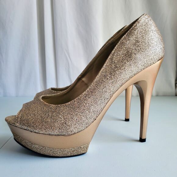 Women Glitter Platform Peeptoe Shoe 11 Gold Champagne NYE Cocktail Dance Club - Picture 5 of 15